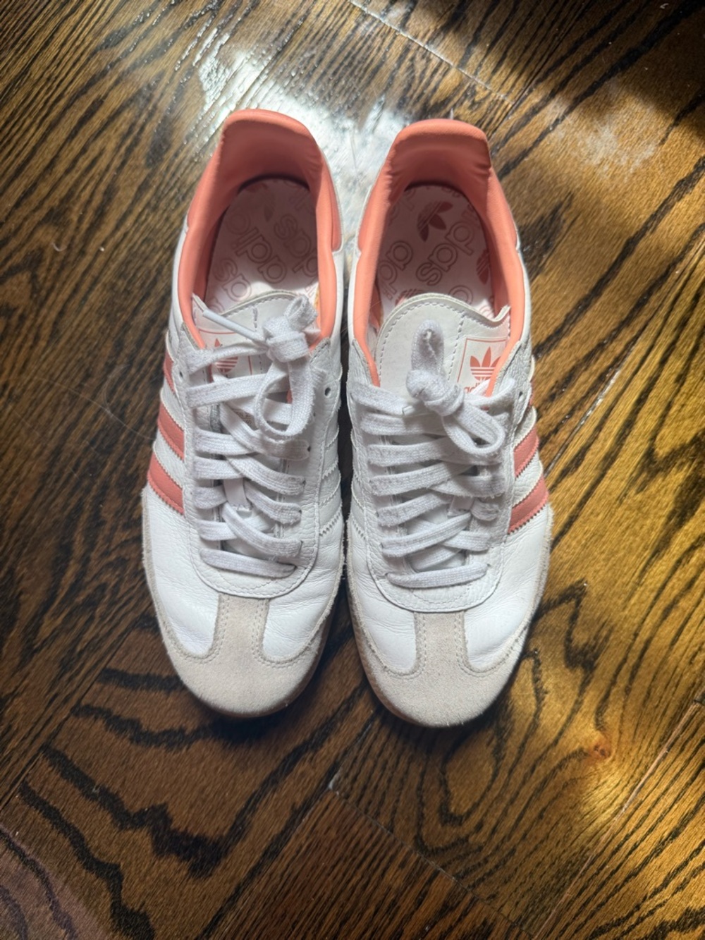 adidas Women’s White Sambas with Coral Pink Stripes